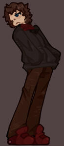 a sort of grumpy looking oc in a grey hoodie, standing looking like the more than symbol