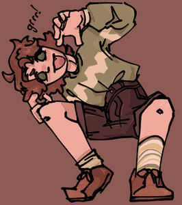 an oc in a green sweater halfway turned on their side, holding their hands up as if they were brandishing claws at the viewer, smiling.