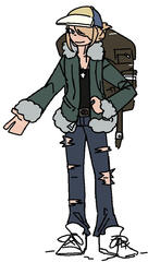 Volo from Pokemon Legends Arceus in another different outfit, more similar to his ginkgo guild uniform. He has ripped jeans, a low cut black top, and a green jacket with furr on the hems.