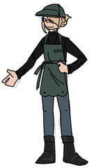 Volo from Pokemon Legends Arceus in a different outfit - a green hat and a green apron, with a black long sleeve turtleneck