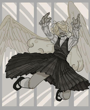 an oc with long white hair, in the Ride The Cyclone character Jane Doe's clothing. She has small wings covering her eyes and large wings from her back. Her skirt is very wide and splayed out.