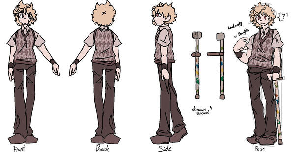 a reference sheet for an oc with blond hair, red eyes, and a brown argyle sweater vest. It shows his front, his back, his side, two angles of his decorated crutch, and a proper posed drawing.